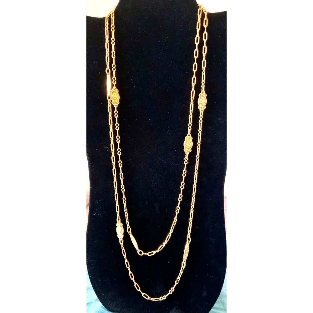 Vintage Accessocraft NYC 54" Gold Tone Long Station Necklace Art Deco Signed